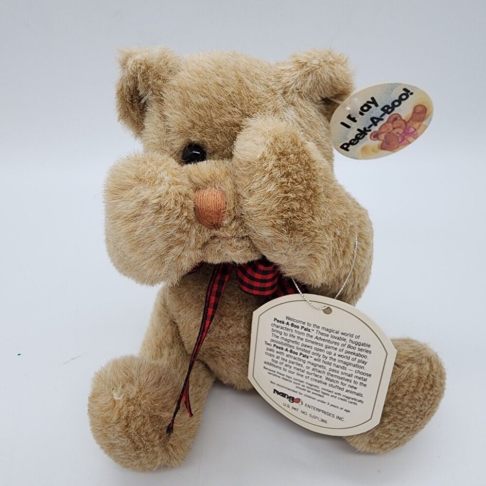Vintage Mango Magnetic Peek A Boo Bear Plush 6" Brown Fur Plaid Bow Stuffed Toy